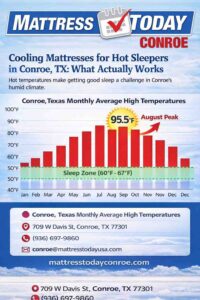 cooling mattress material types open-cell foam latex gel copper Conroe Texas hot sleepers